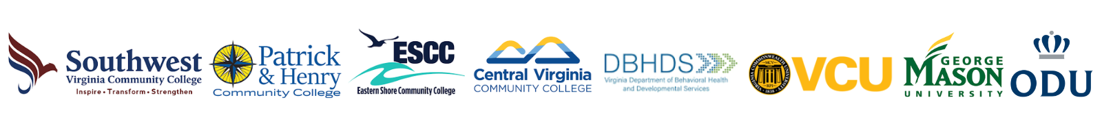 Logos of Virginia colleges and organizations, including VCU, GMU, ODU, DBHDS, and community colleges.