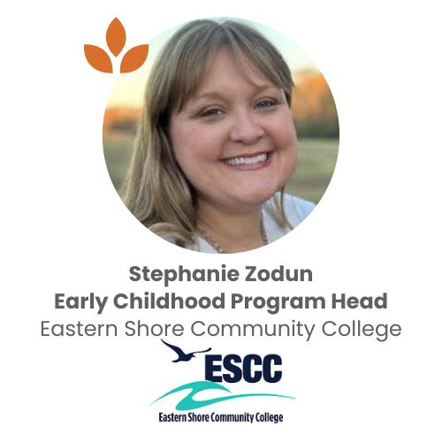 Stephanie Zodun's professional contact card. It features a headshot of Stephanie Zodun smiling outdoors. The text below her photo reads: 'Stephanie Zodun, Early Childhood Program Head, Eastern Shore Community College.' At the bottom, there is the Eastern Shore Community College logo, which includes the abbreviation 'ESCC' with a seagull above it and stylized waves below.